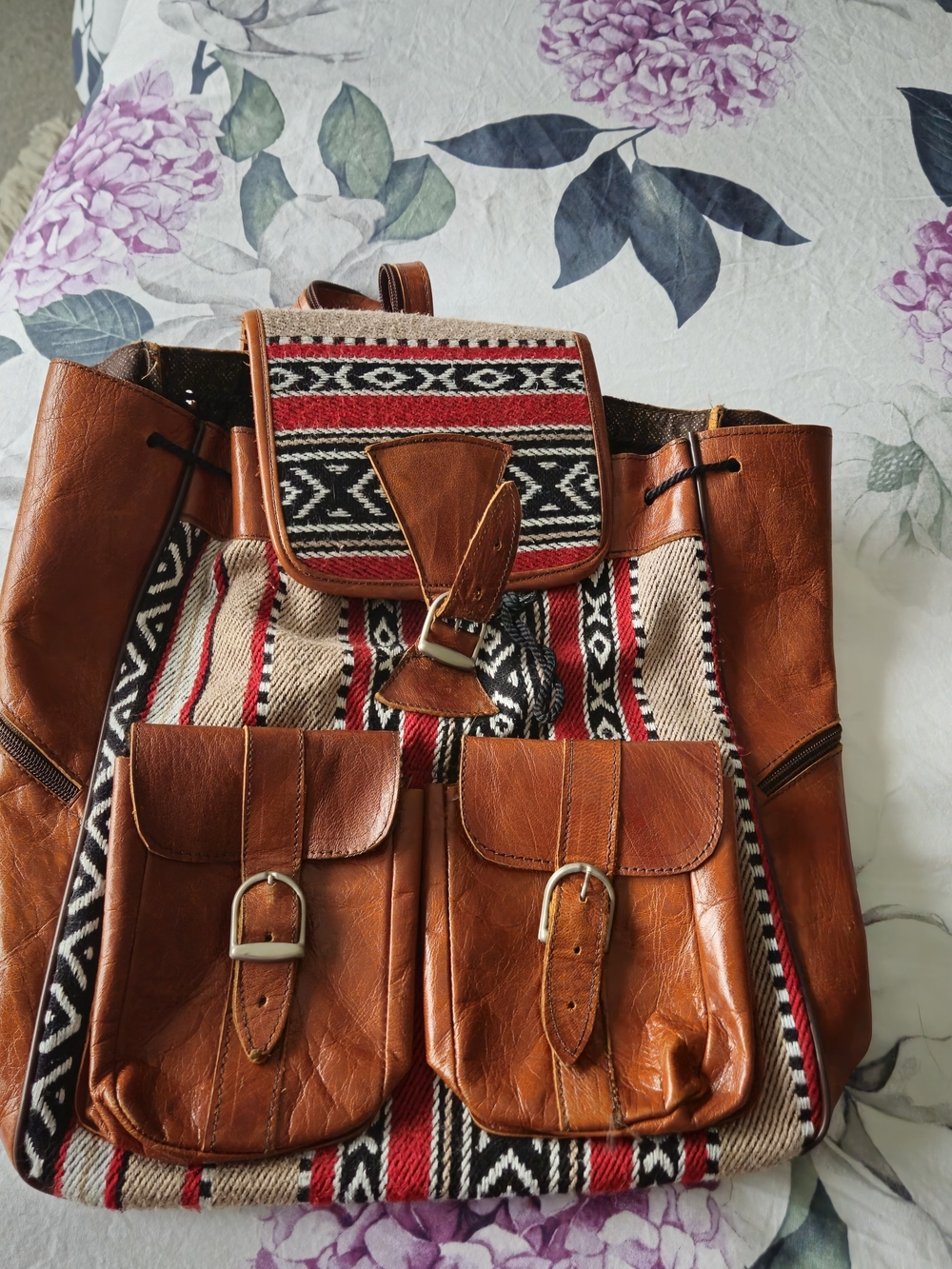 Brown Leather & Woven Pattern Women's Backpack
